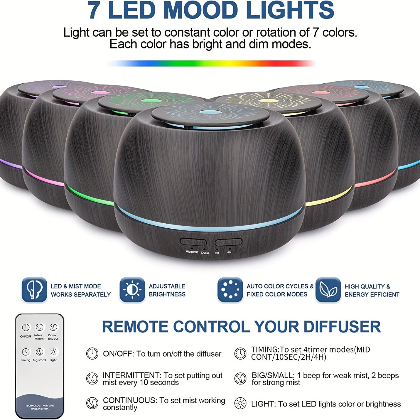 Diffuseur Huiles Essentielles 300ml - LED Télécommande