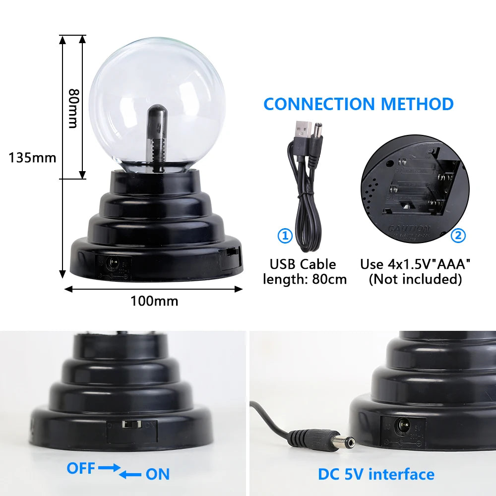 Boule de Plasma Cristal Magique LED - Veilleuse Enfant 3-8 Pouces