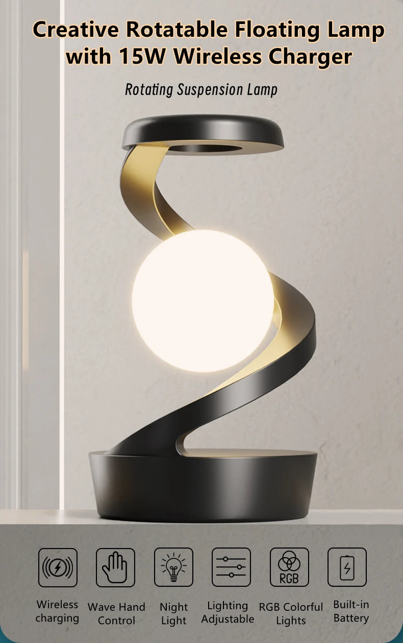Lampe Flottante LED + Chargeur Sans Fil 15W - RGB Rotative