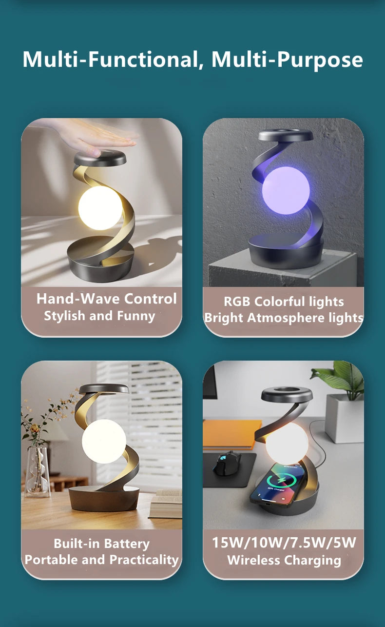 Lampe Flottante LED + Chargeur Sans Fil 15W - RGB Rotative