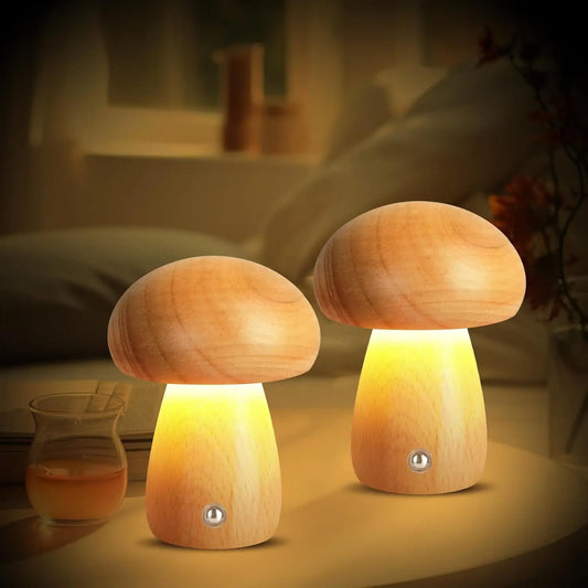Lampe champignon en bois – LED tactile 3 niveaux, rechargeable, 0,45 kg
