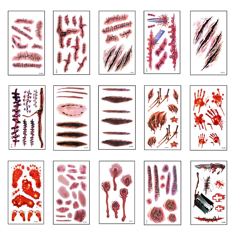 Faux Tatouages Plaies Halloween x6 - Autocollants Temporaires Sanglants