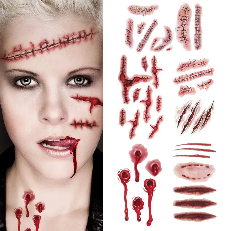 Faux Tatouages Plaies Halloween x6 - Autocollants Temporaires Sanglants