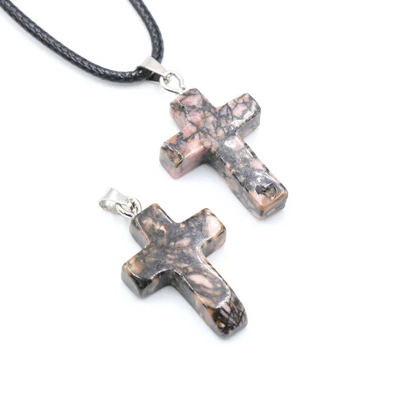 Collier Croix Pierre Naturelle 25x18mm - Pendentif Spirituel