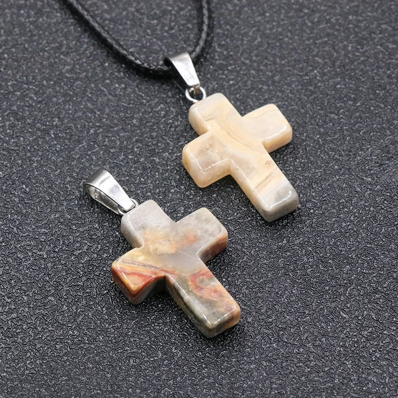 Collier Croix Pierre Naturelle 25x18mm - Pendentif Spirituel
