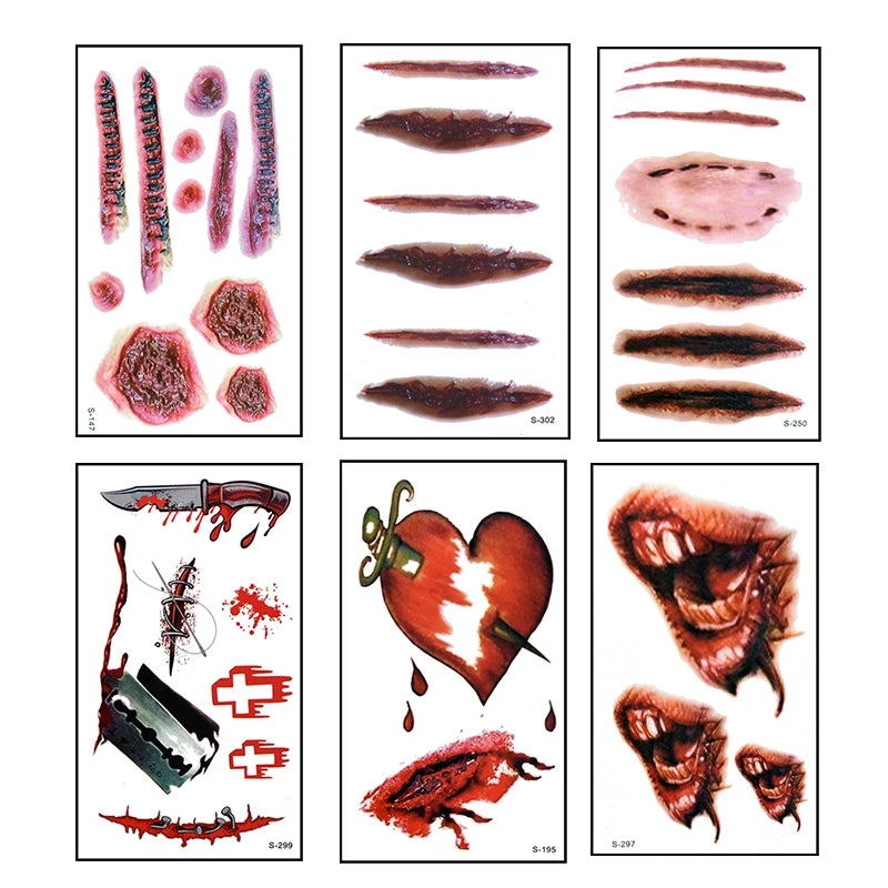 Faux Tatouages Plaies Halloween x6 - Autocollants Temporaires Sanglants