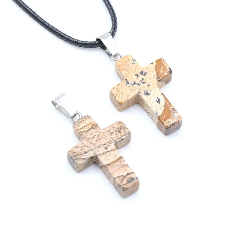 Collier Croix Pierre Naturelle 25x18mm - Pendentif Spirituel