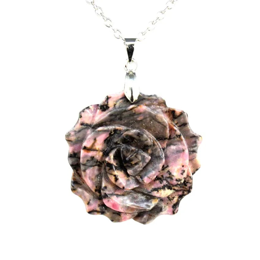 Pendentif Fleur de Rose Sculptée Pierre Naturelle 35mm - Bijou Romantique