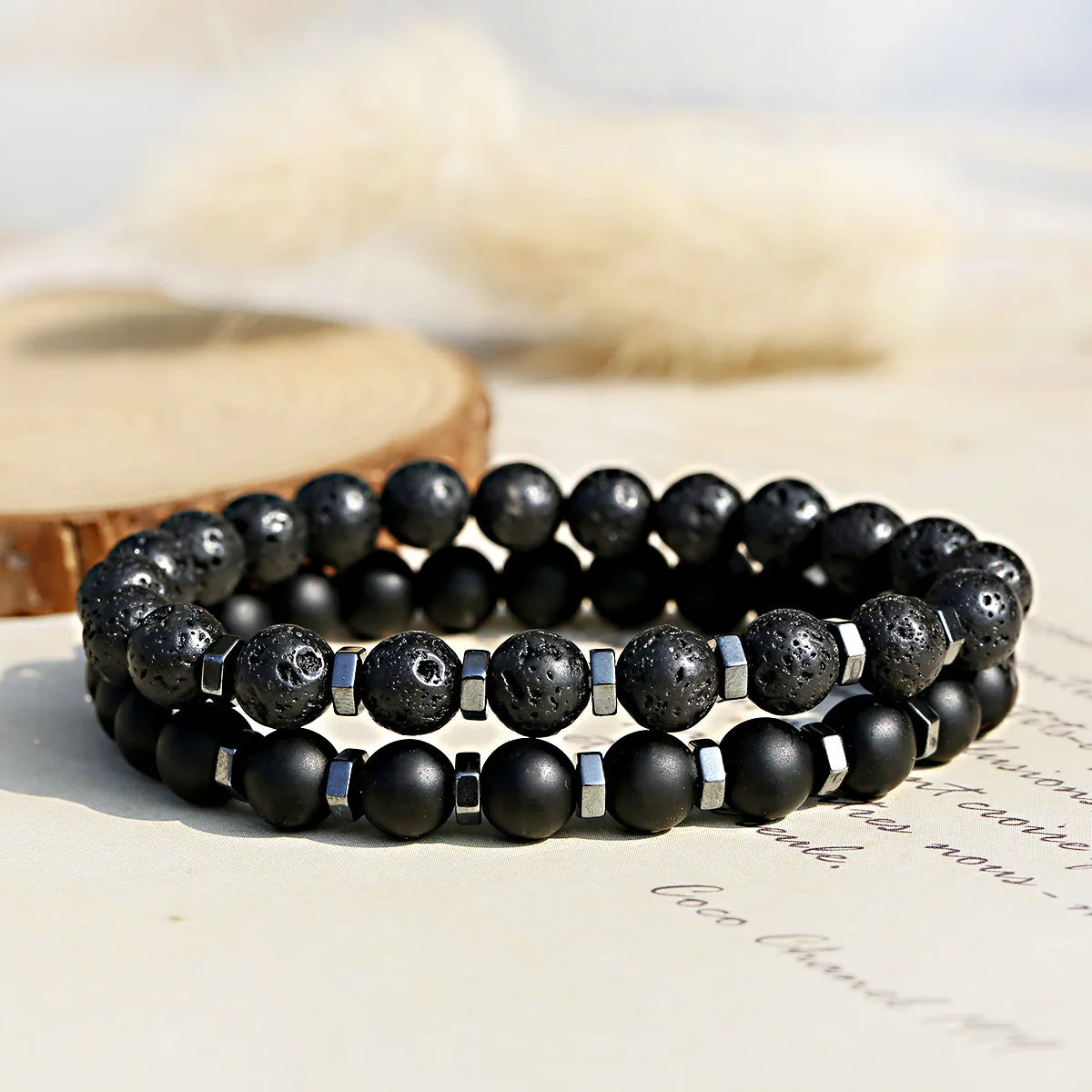 Ensemble Bracelets Pierre Volcanique Homme - Perles Noires Givrées