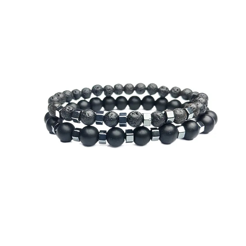 Ensemble Bracelets Pierre Volcanique Homme - Perles Noires Givrées