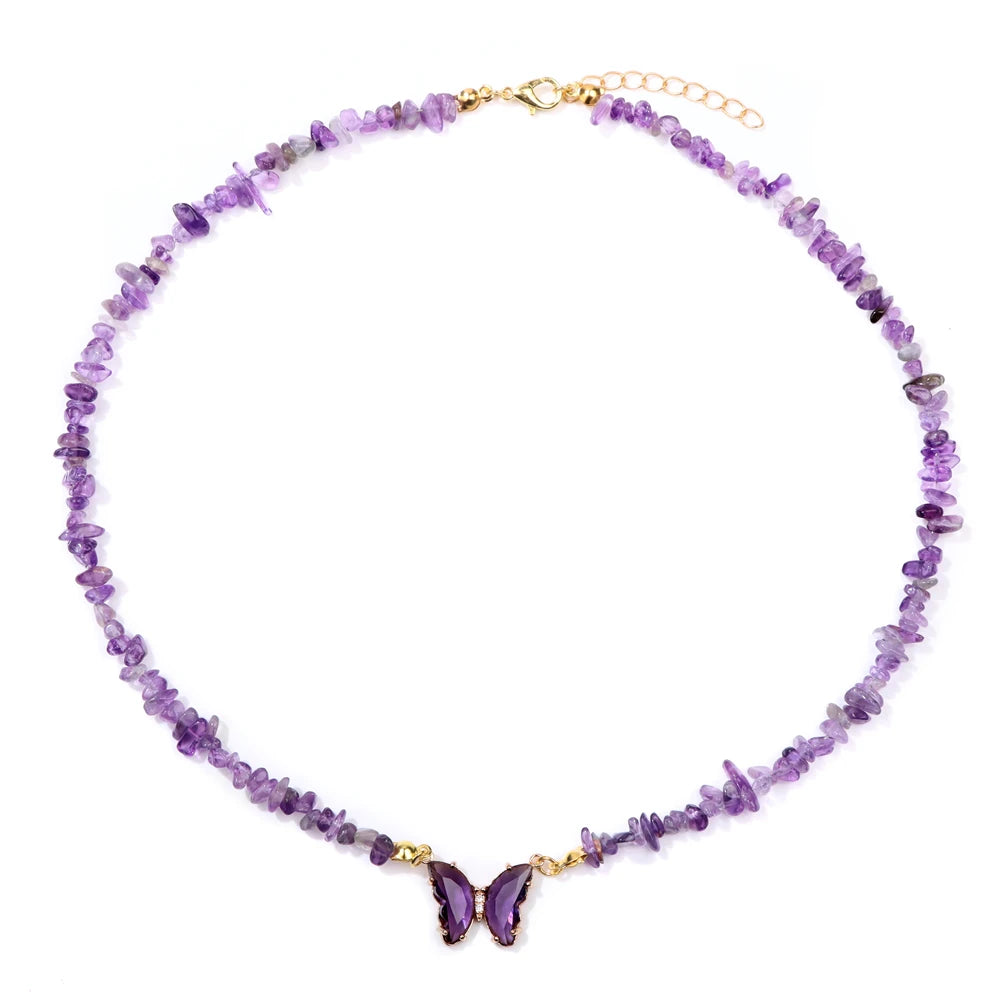 Collier Papillon Cristal Naturel Améthyste Violette - Pendentif Pierre Quartz Femme