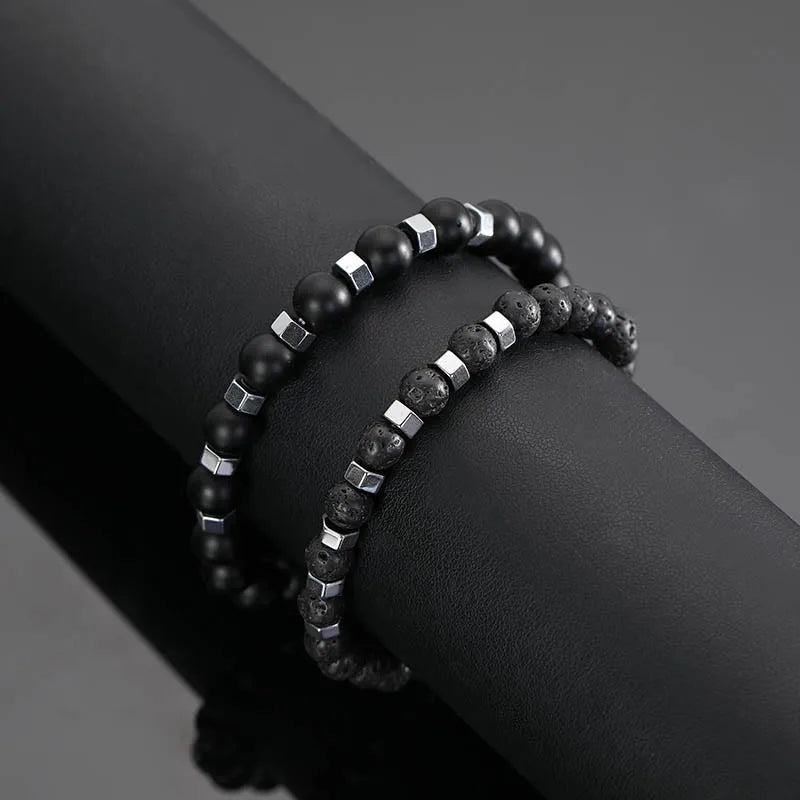 Ensemble Bracelets Pierre Volcanique Homme - Perles Noires Givrées