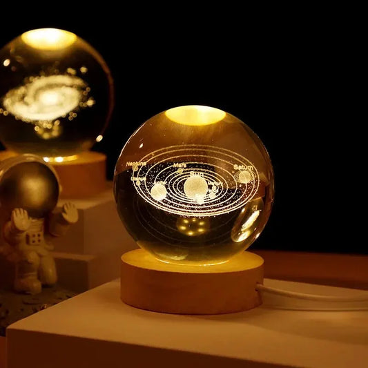 Veilleuse LED Galaxy Cristal 3D Gravé Laser Base Bois