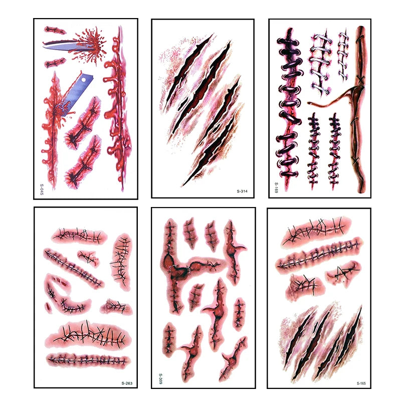 Faux Tatouages Plaies Halloween x6 - Autocollants Temporaires Sanglants