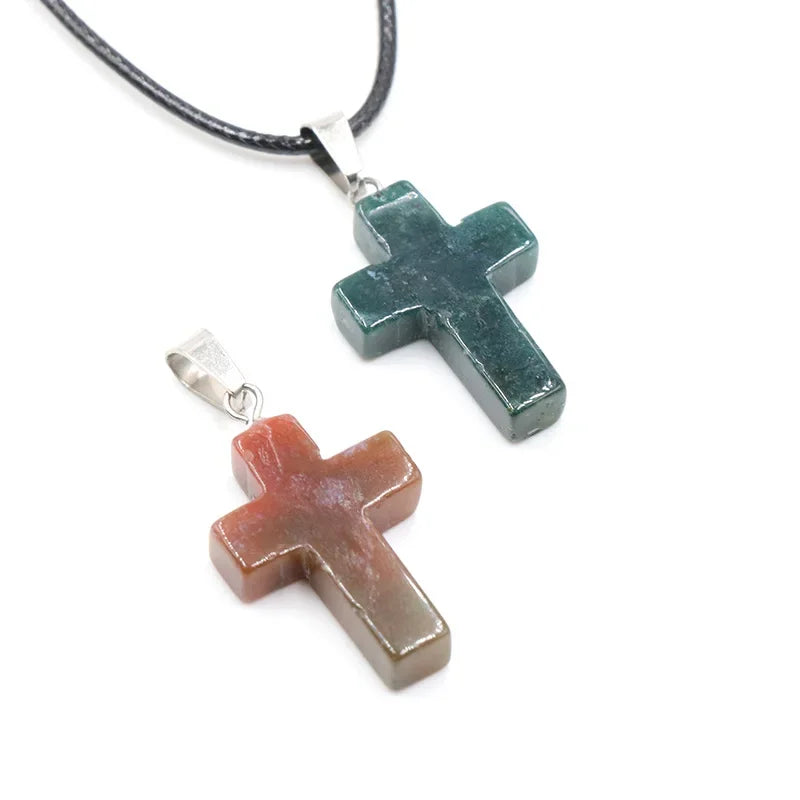 Collier Croix Pierre Naturelle 25x18mm - Pendentif Spirituel