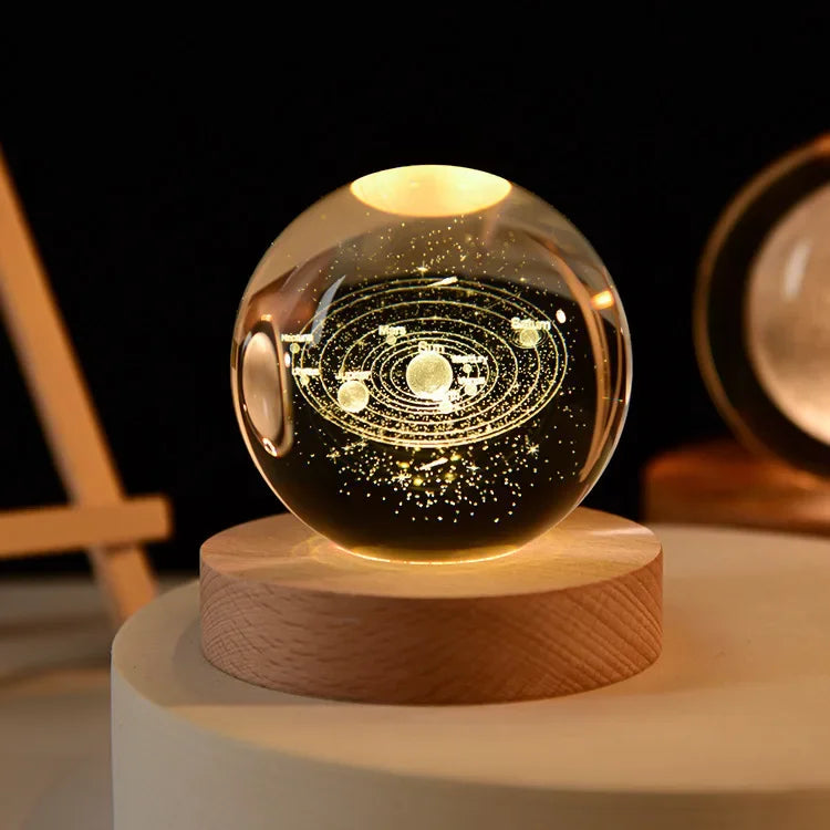 Veilleuse LED Galaxy Cristal 3D Gravé Laser Base Bois