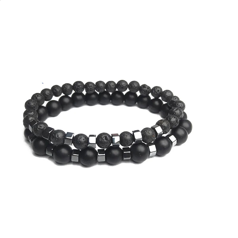 Ensemble Bracelets Pierre Volcanique Homme - Perles Noires Givrées