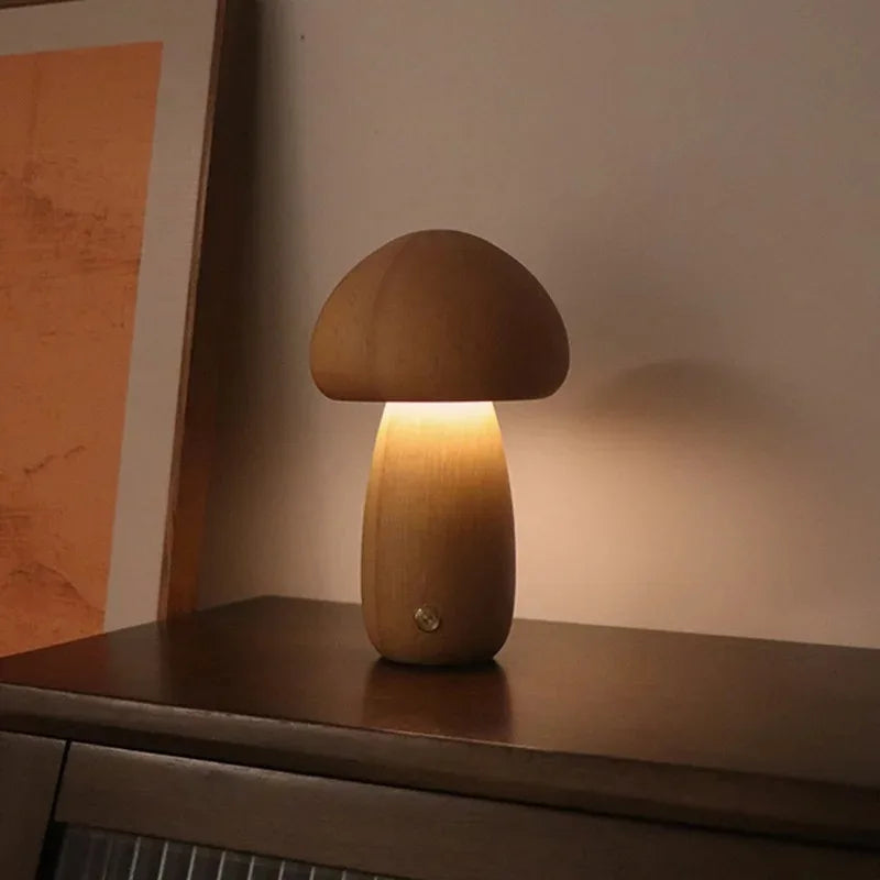 Lampe Champignon Bois Rechargeable LED Tactile 3 Niveaux