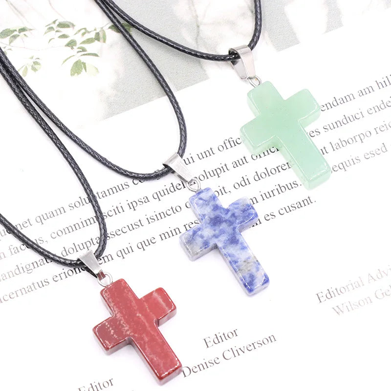 Collier Croix Pierre Naturelle 25x18mm - Pendentif Spirituel