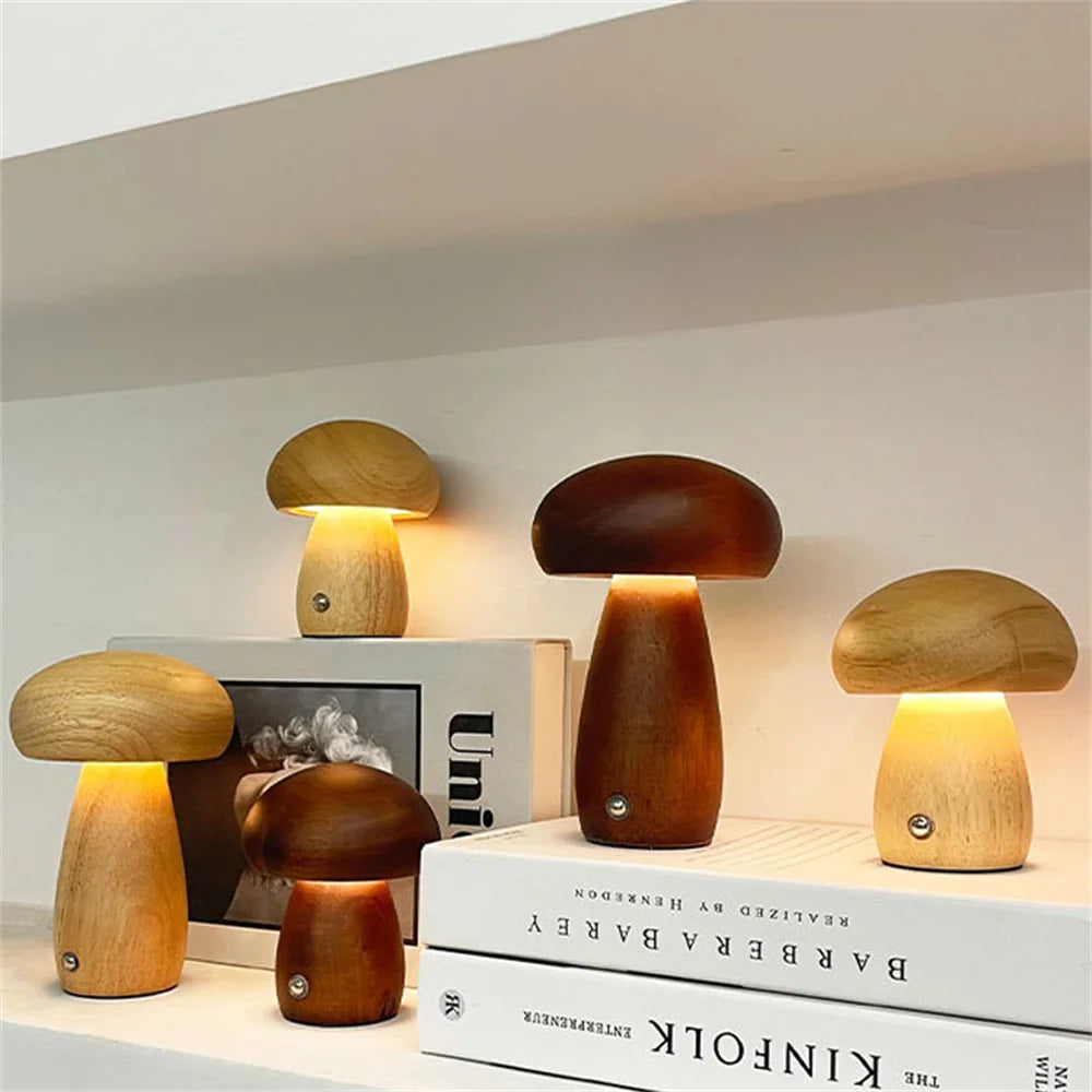 Lampe Champignon Bois Rechargeable LED Tactile 3 Niveaux