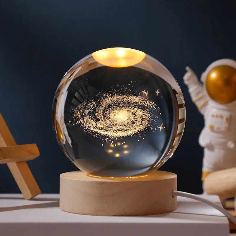 Veilleuse LED Galaxy Cristal 3D Gravé Laser Base Bois