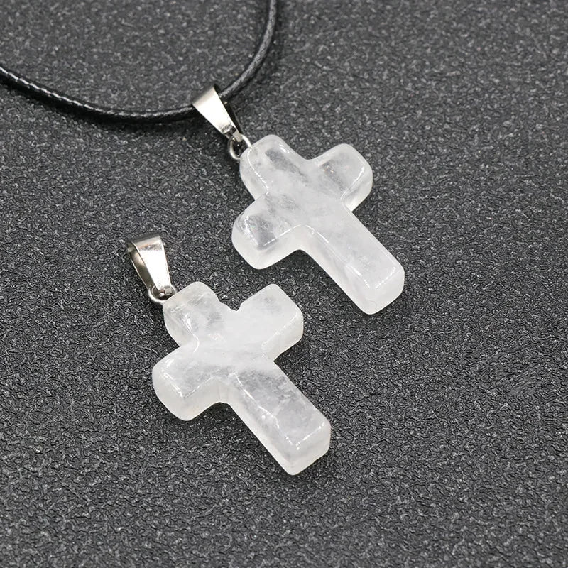 Collier Croix Pierre Naturelle 25x18mm - Pendentif Spirituel