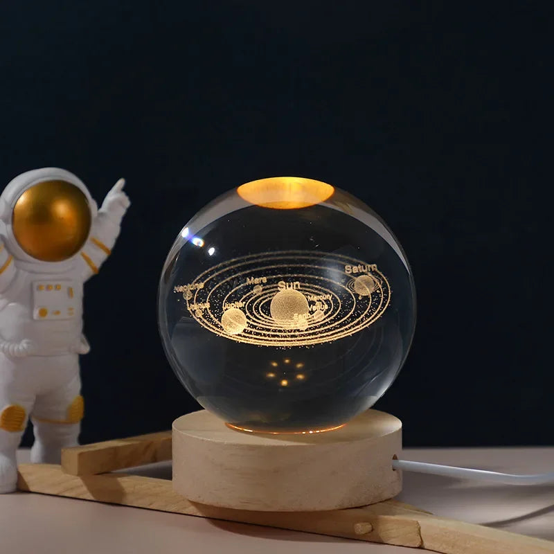 Veilleuse LED Galaxy Cristal 3D Gravé Laser Base Bois