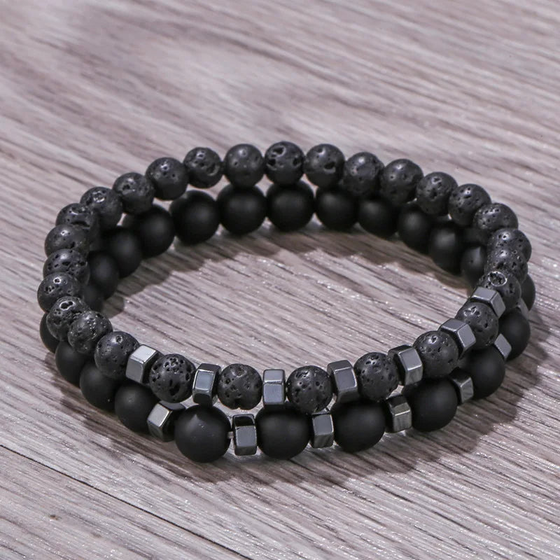 Ensemble Bracelets Pierre Volcanique Homme - Perles Noires Givrées