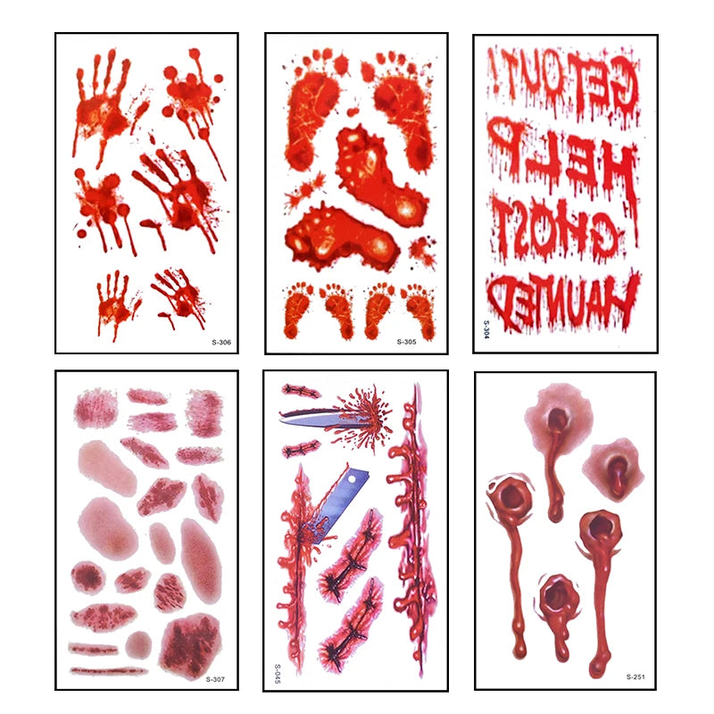 Faux Tatouages Plaies Halloween x6 - Autocollants Temporaires Sanglants