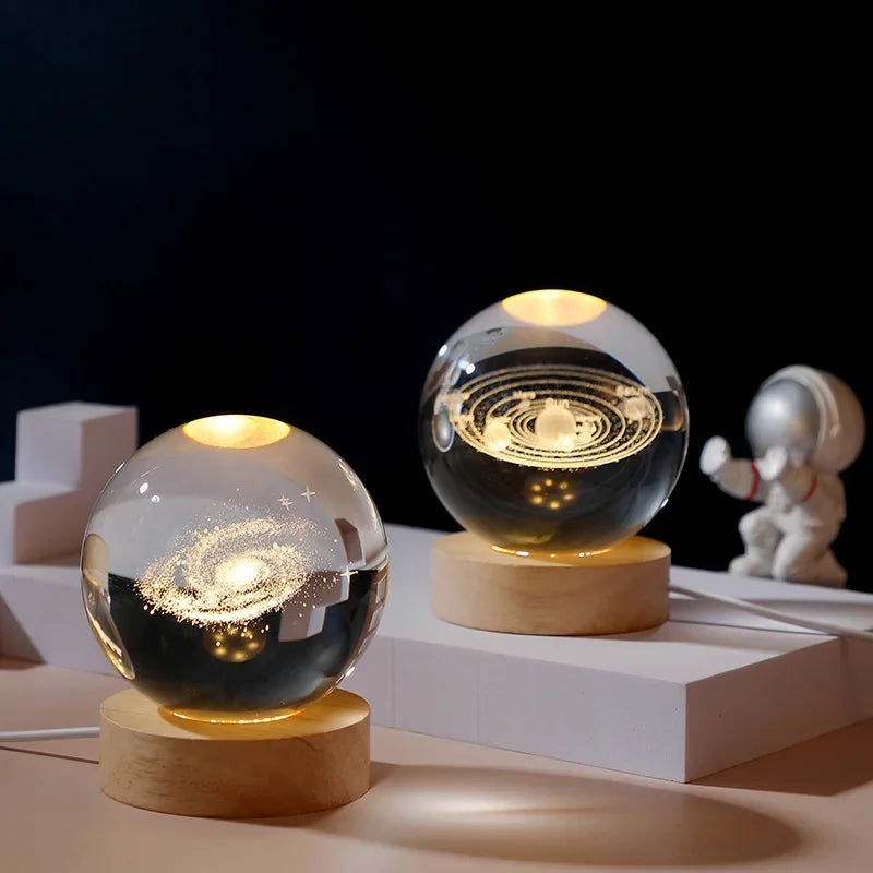 Veilleuse LED Galaxy Cristal 3D Gravé Laser Base Bois