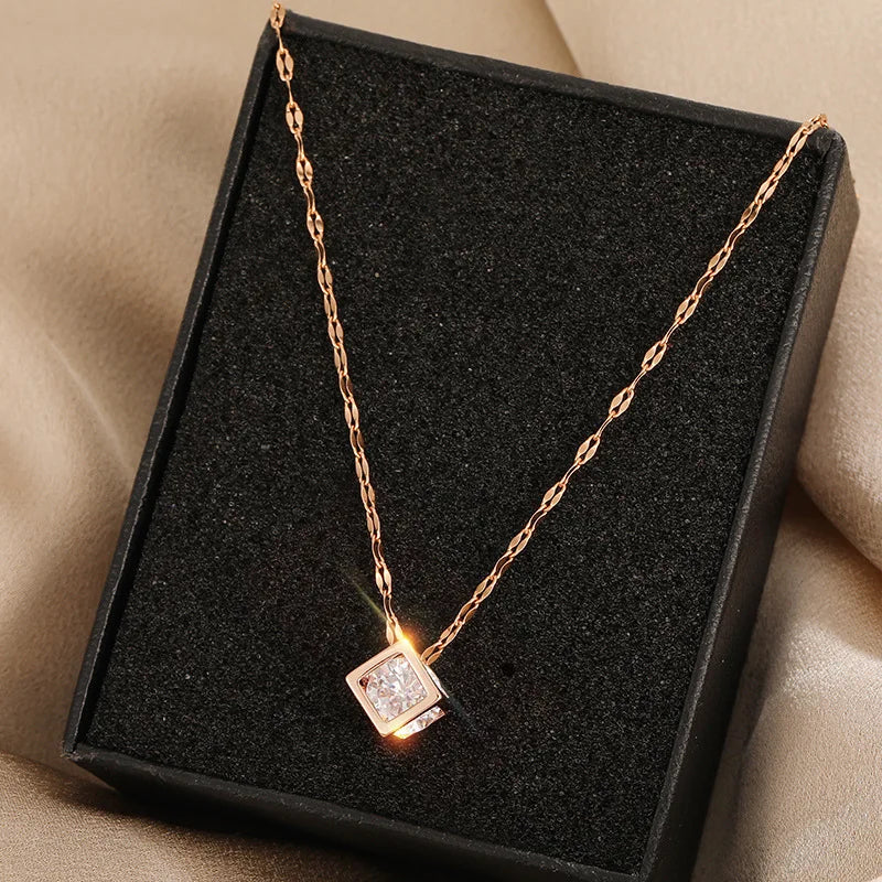 Collier Femme Acier Inoxydable - Pendentif Carré Zircon Cristal Or Rose