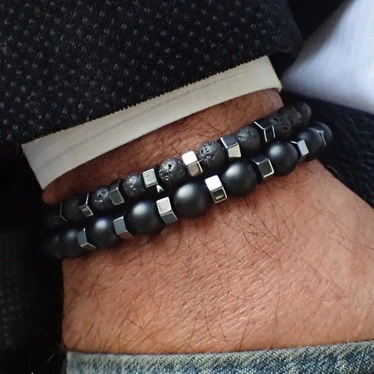 Ensemble Bracelets Pierre Volcanique Homme - Perles Noires Givrées