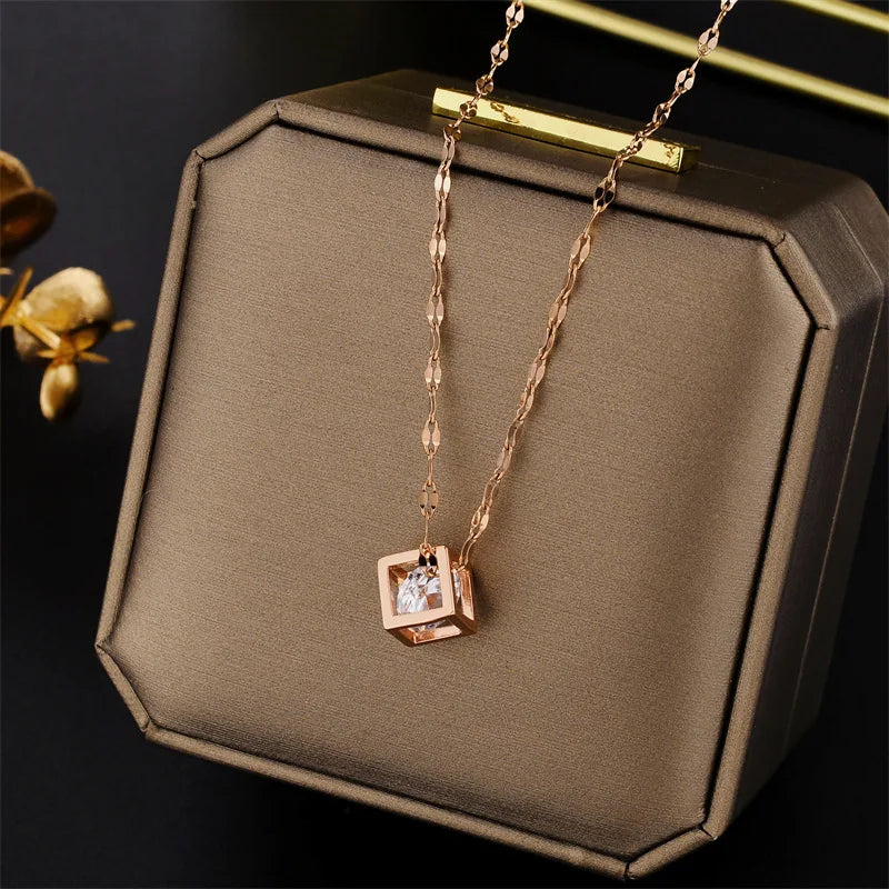 Collier Femme Acier Inoxydable - Pendentif Carré Zircon Cristal Or Rose
