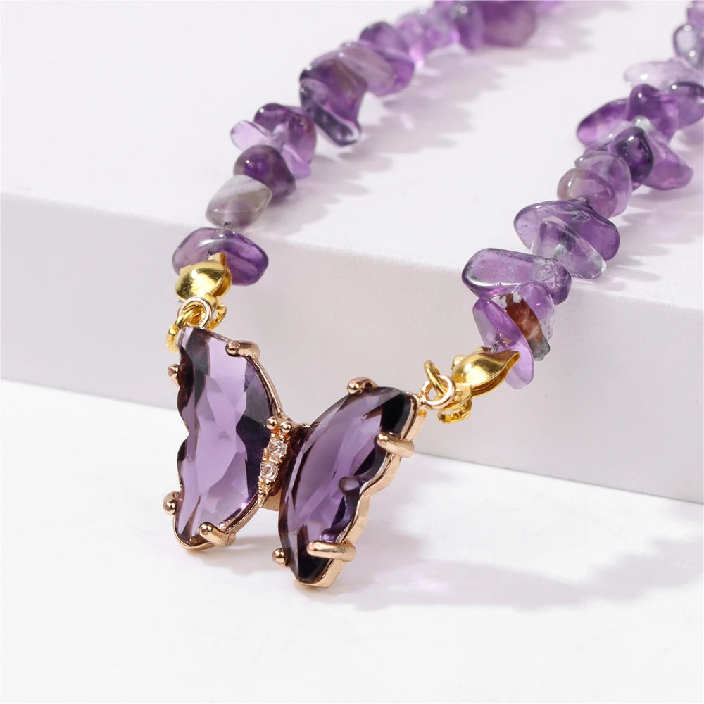 Collier Papillon Cristal Naturel Améthyste Violette - Pendentif Pierre Quartz Femme