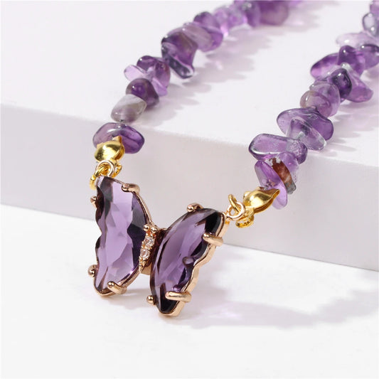 Collier Papillon Cristal Naturel Améthyste Violette - Pendentif Pierre Quartz Femme