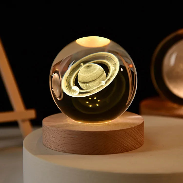 Veilleuse LED Galaxy Cristal 3D Gravé Laser Base Bois