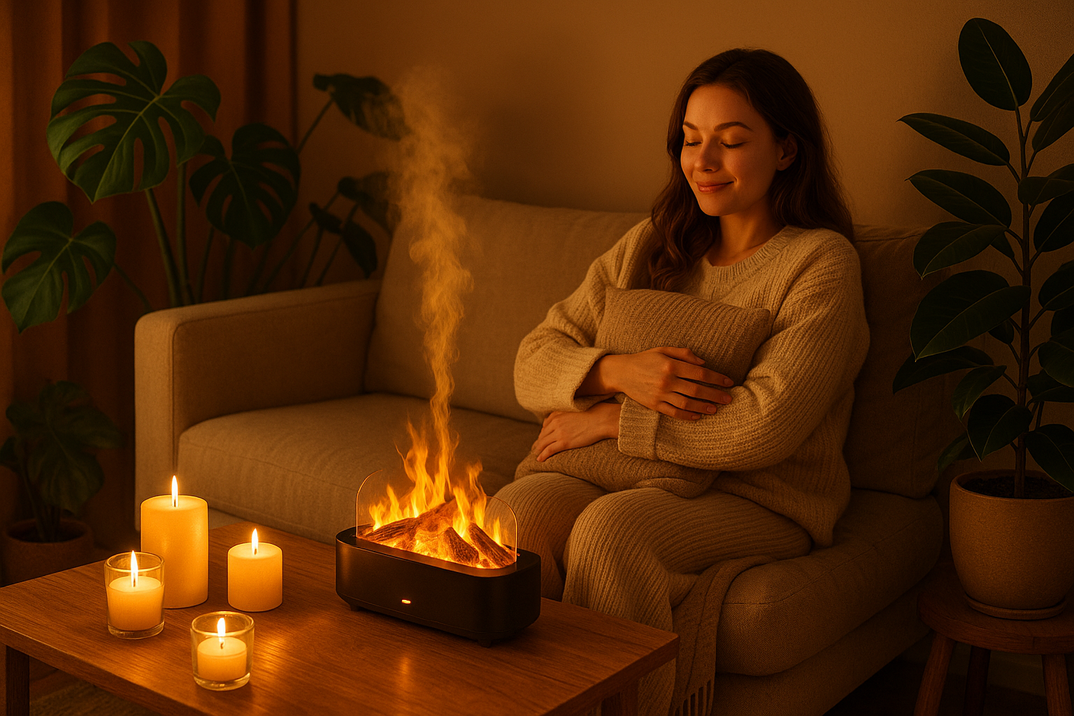 Ambiance cocooning avec humidificateur effet feu de bois
