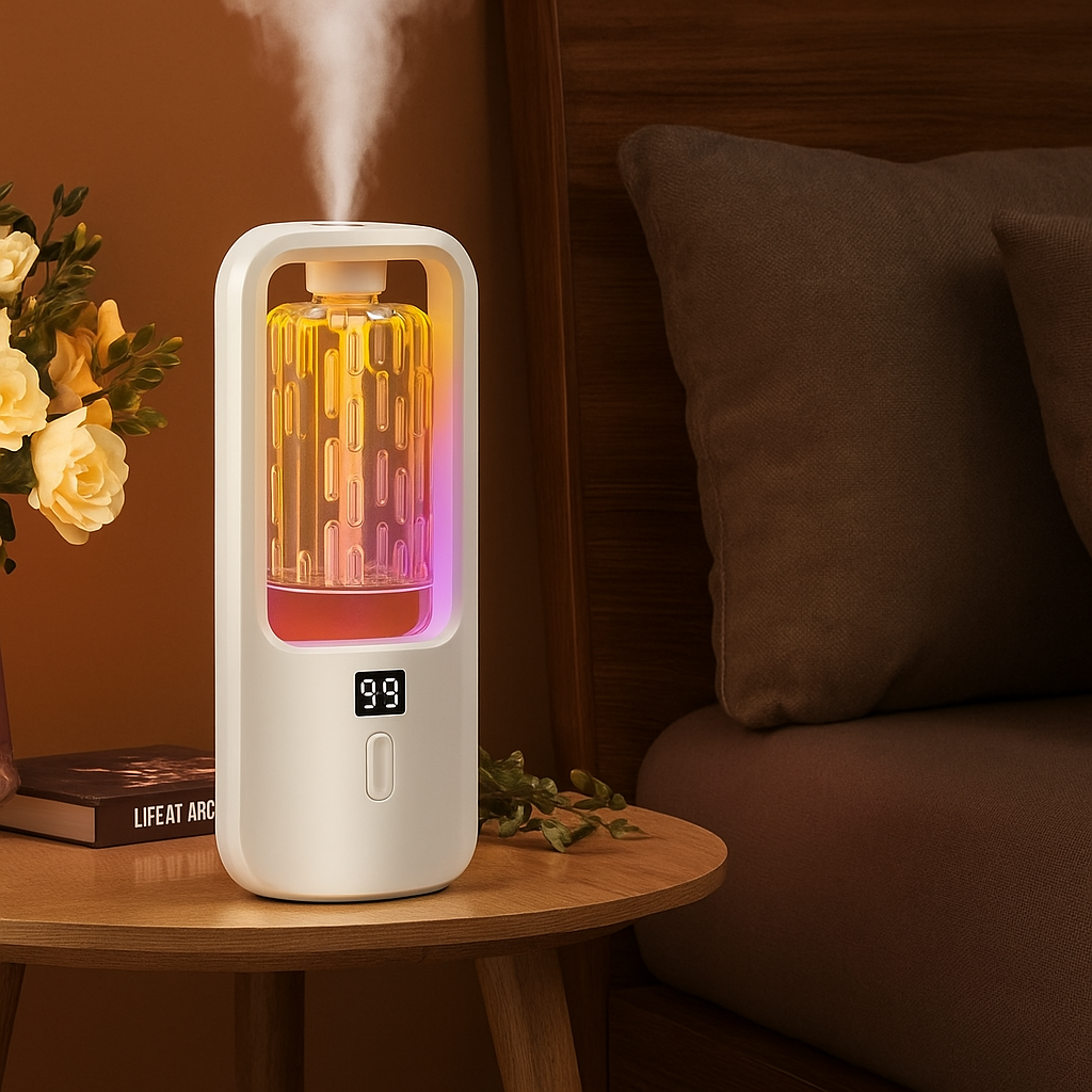 Diffuseur créant une ambiance colorée dans salon sans texte