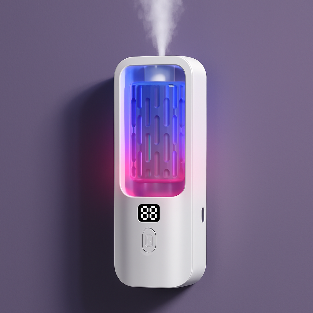 Diffuseur sans fil blanc avec éclairage violet sans texte