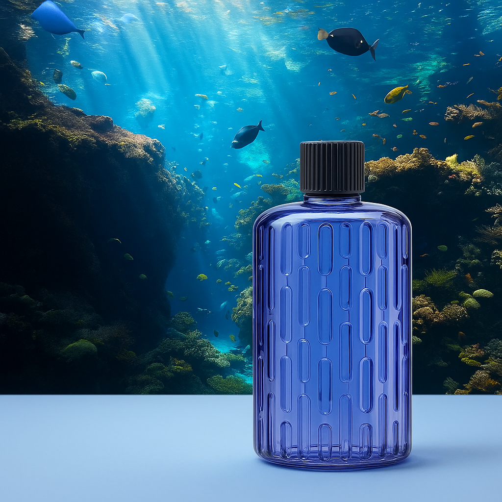 Flacon de parfum bleu avec récif corallien sans texte