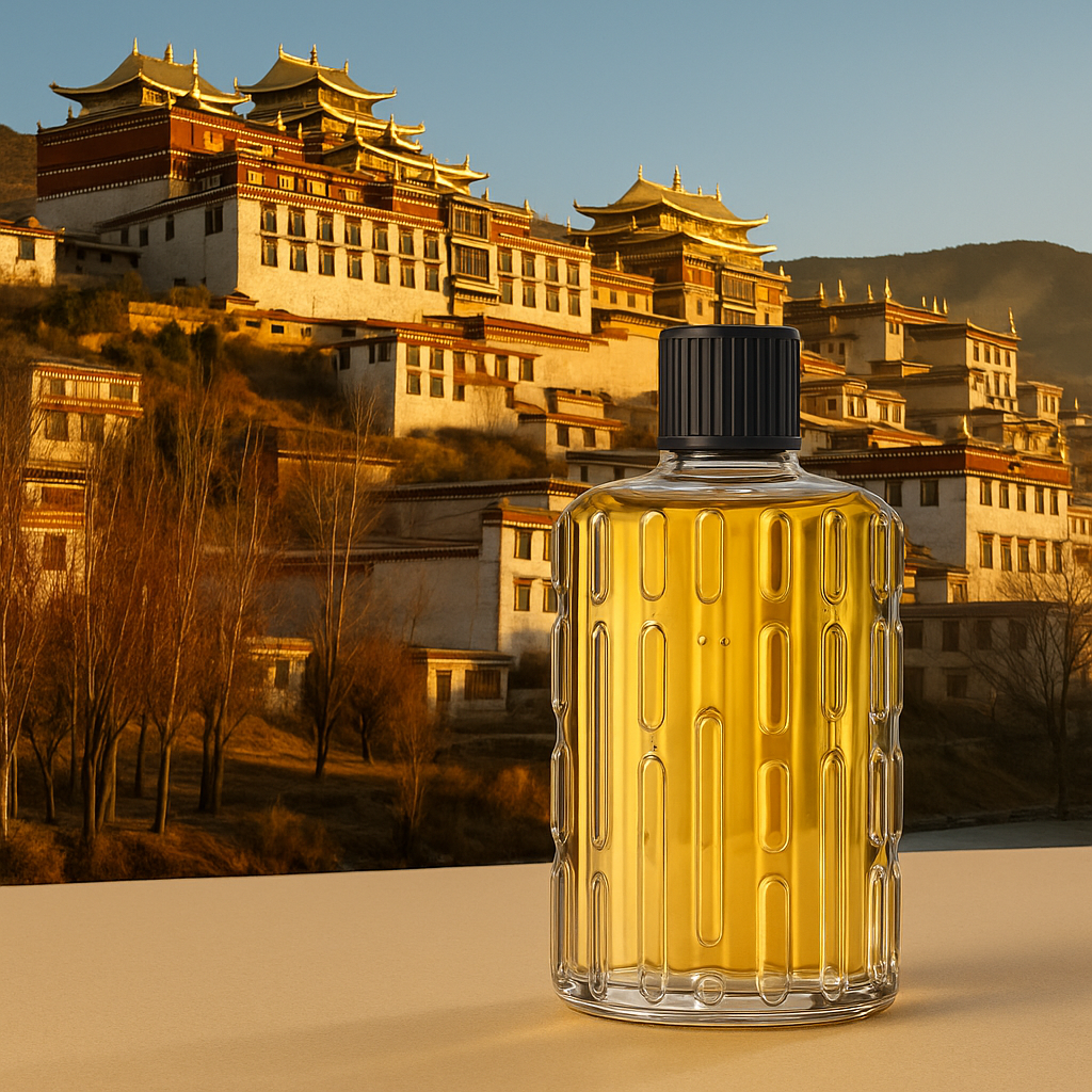 Flacon de parfum doré avec monastère tibétain sans texte