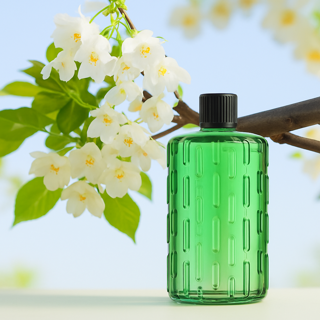 Flacon de parfum vert avec fleurs de jasmin sans texte