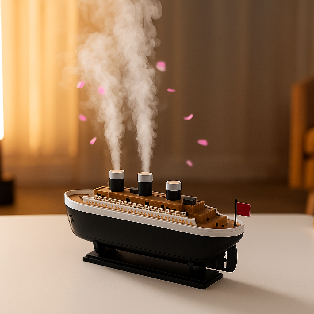 Humidificateur bateau avec brouillard dense et pétales roses sans texte