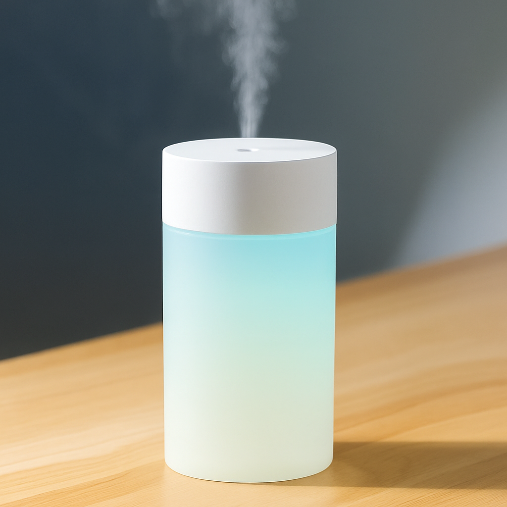 Humidificateur cylindrique blanc et bleu sans texte