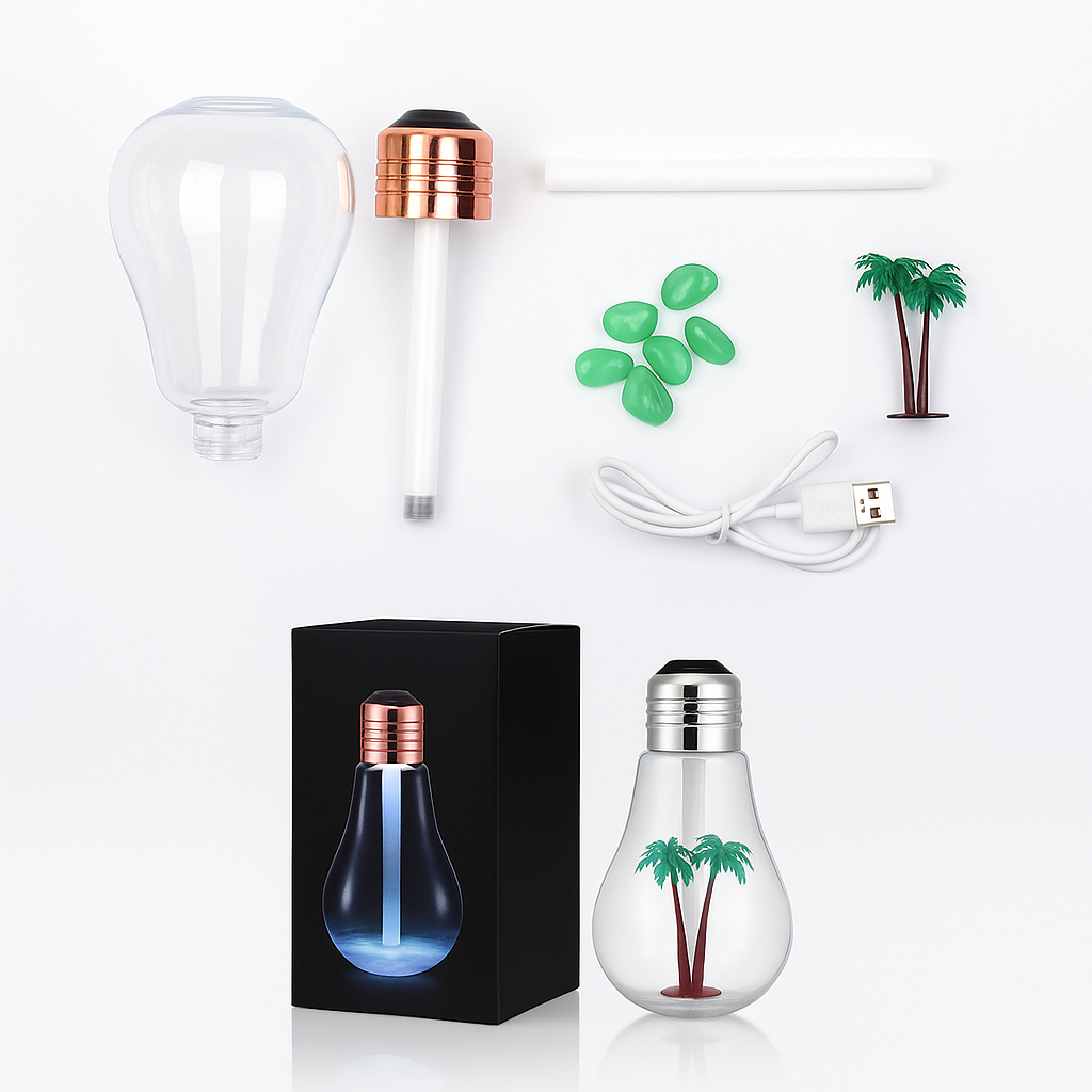 Humidificateur en forme d'ampoule avec palmier miniature sans texte
